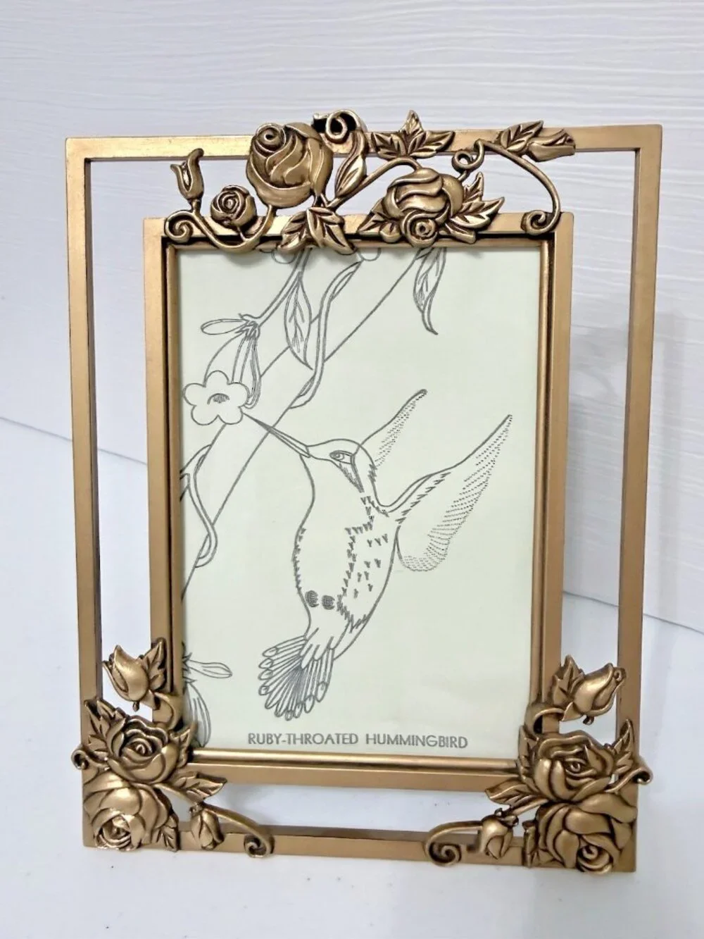 HB Group 1997 Gold Bronze Tone Metal Rose Photo Frame Tabletop Or Wall 5x7 Photo